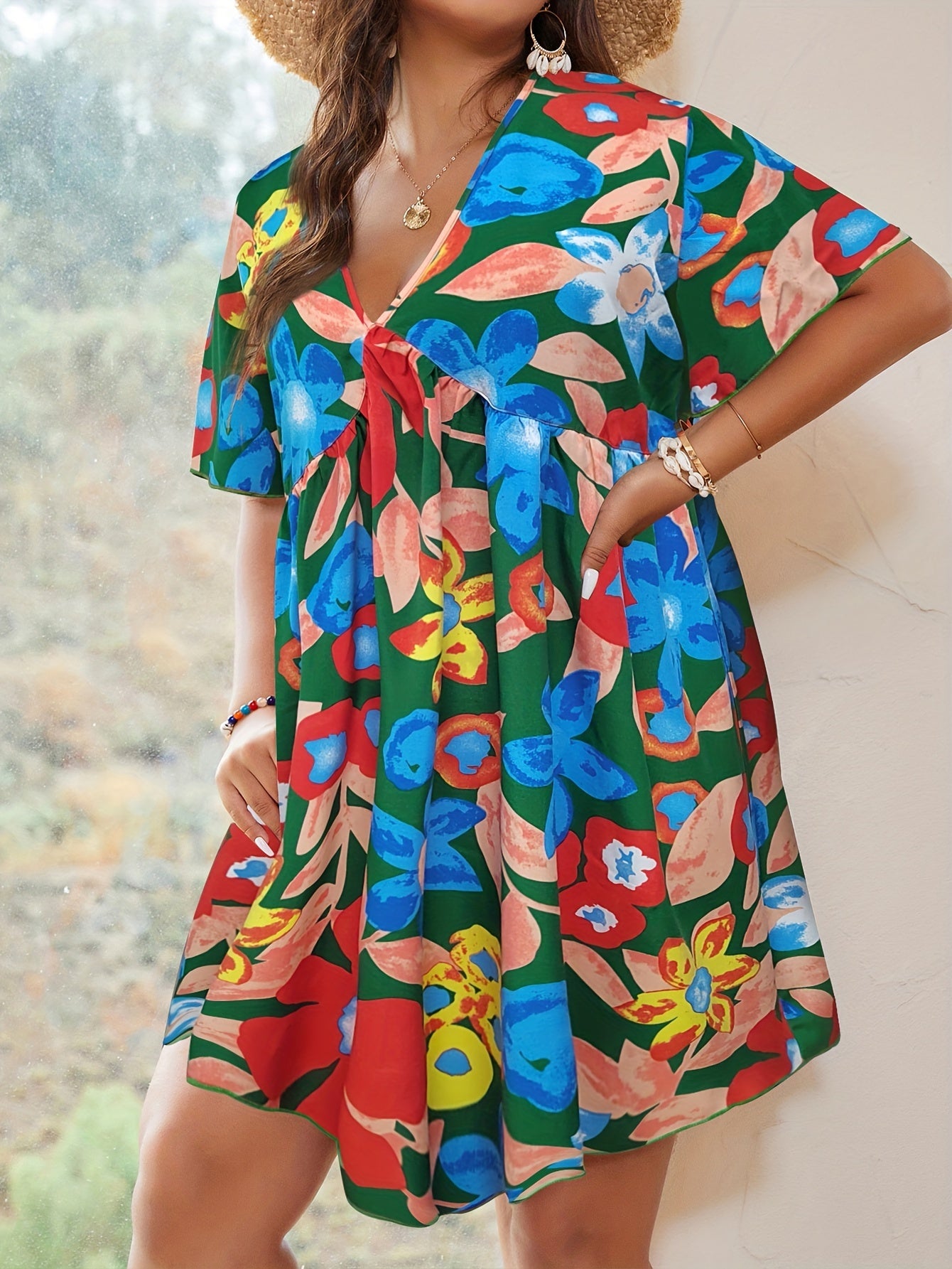  Boho Dress Women's Plus Floral Print V Neck Mini Dress