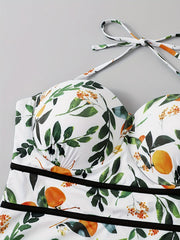  Leaf Print Halter Neck Backless Swimsuit