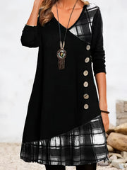  Casual Dress Women's Plus V Neck Plaid Print Long Sleeve