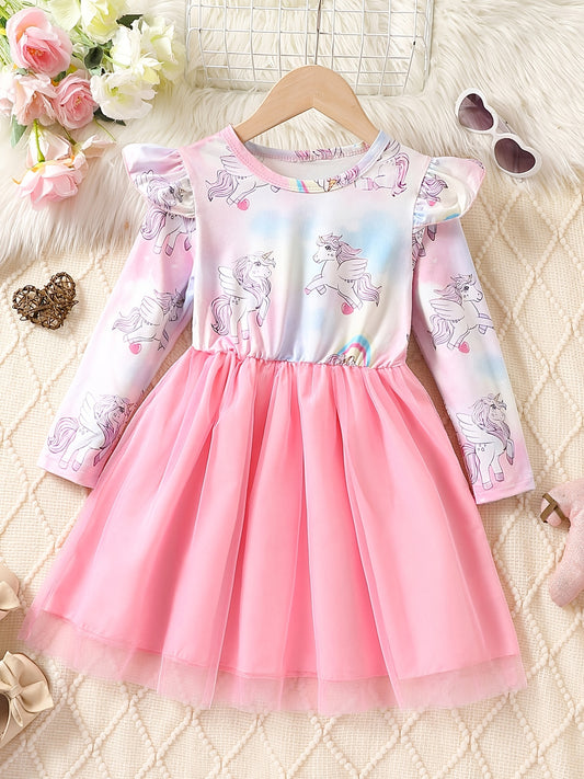 Girls' Long Sleeve Unicorn Tutu Dress Frill Trims for Party Birthday