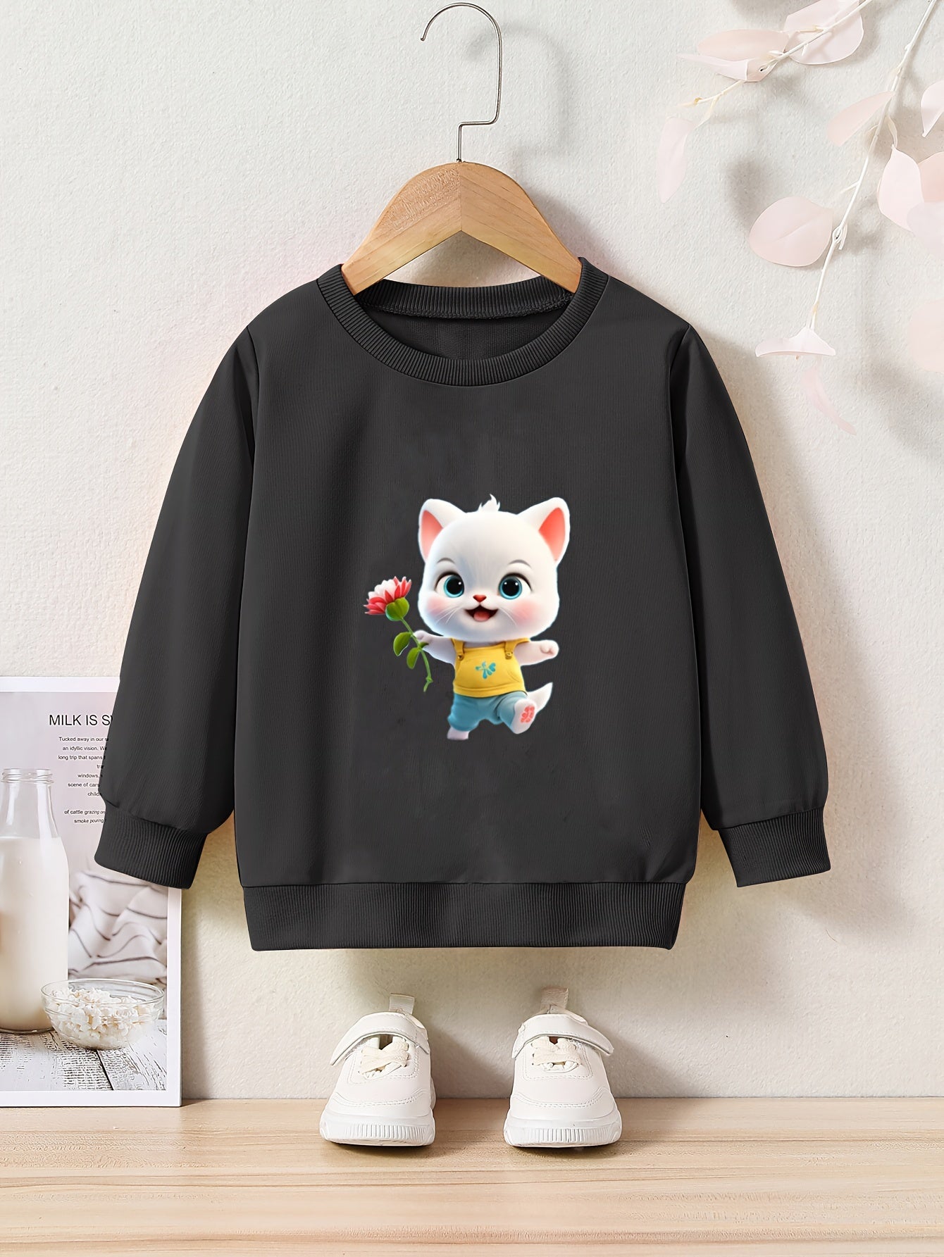 Cute Cat Print Girls Pullover Sweatshirt for Fall Winter
