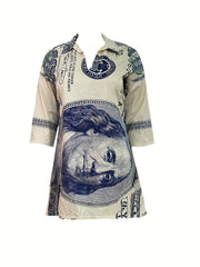  Women's Scarf Print V Neck A line Dress