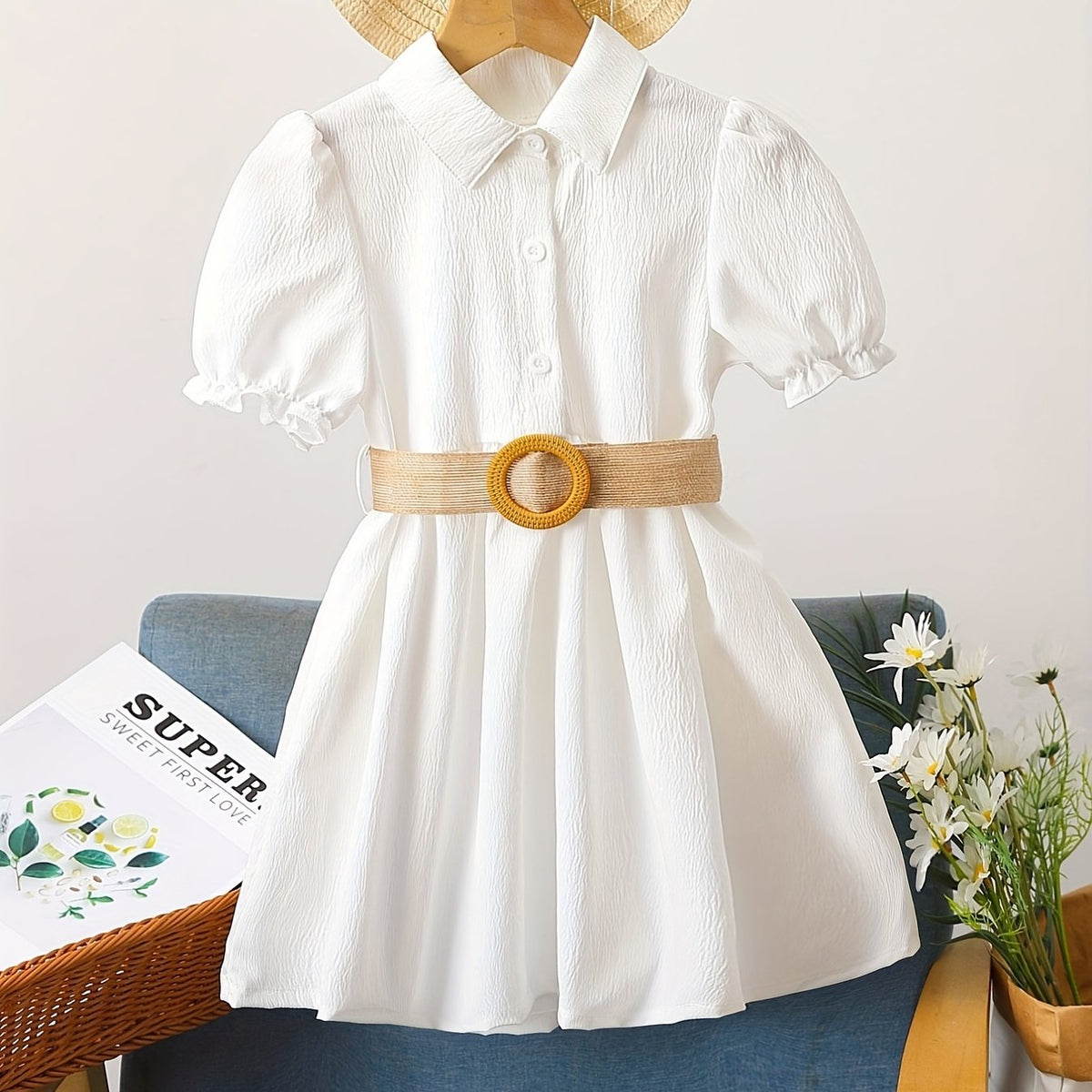 Toddler Girls Puff Sleeve Button Casual Belted Shirt Dress