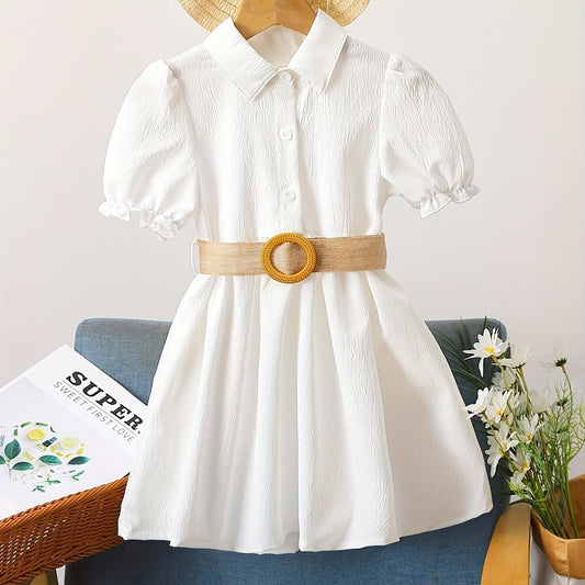 Toddler Girls Puff Sleeve Button Casual Belted Shirt Dress