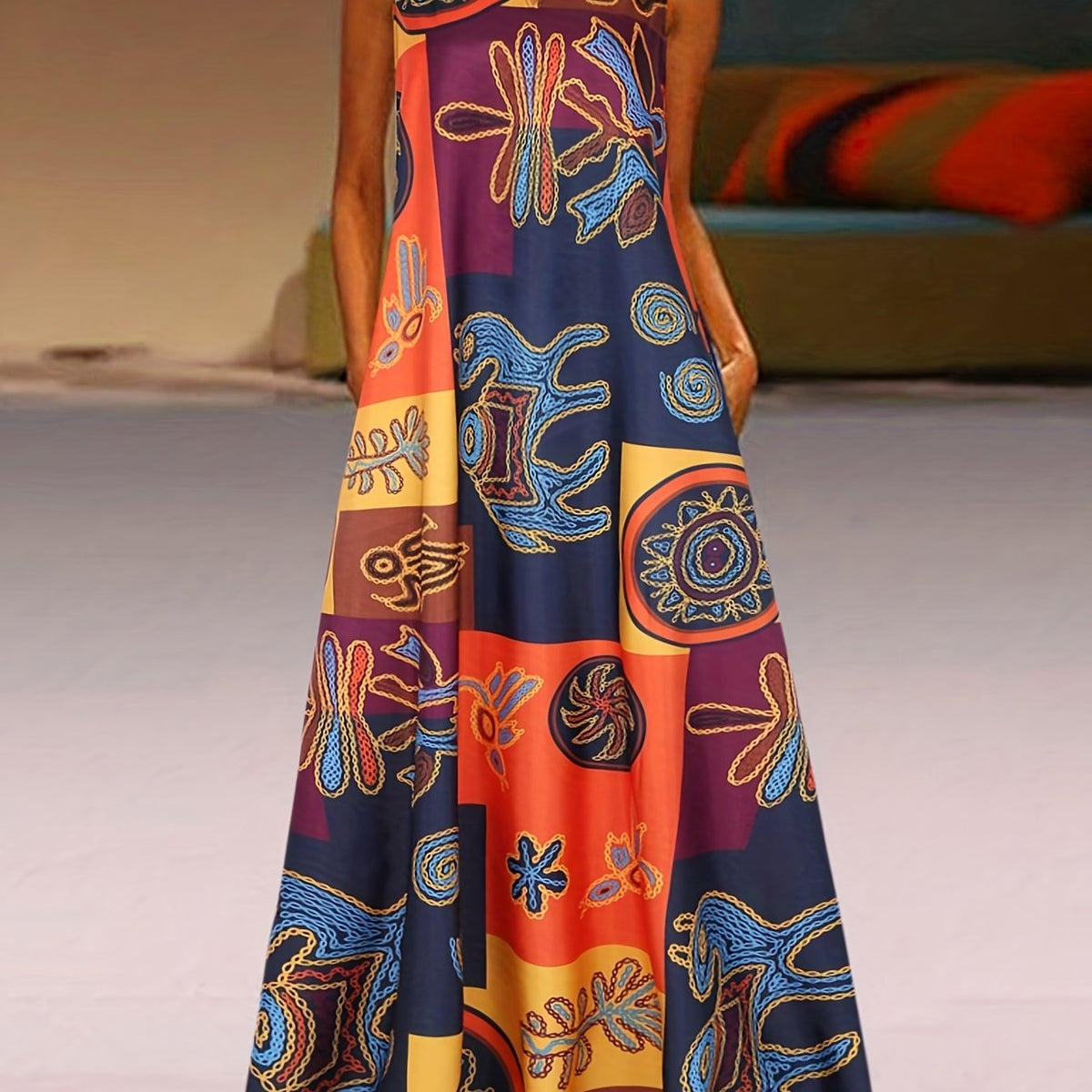 Vintage Ethnic Print Maxi Dress Sleeveless V Neck Summer Dress