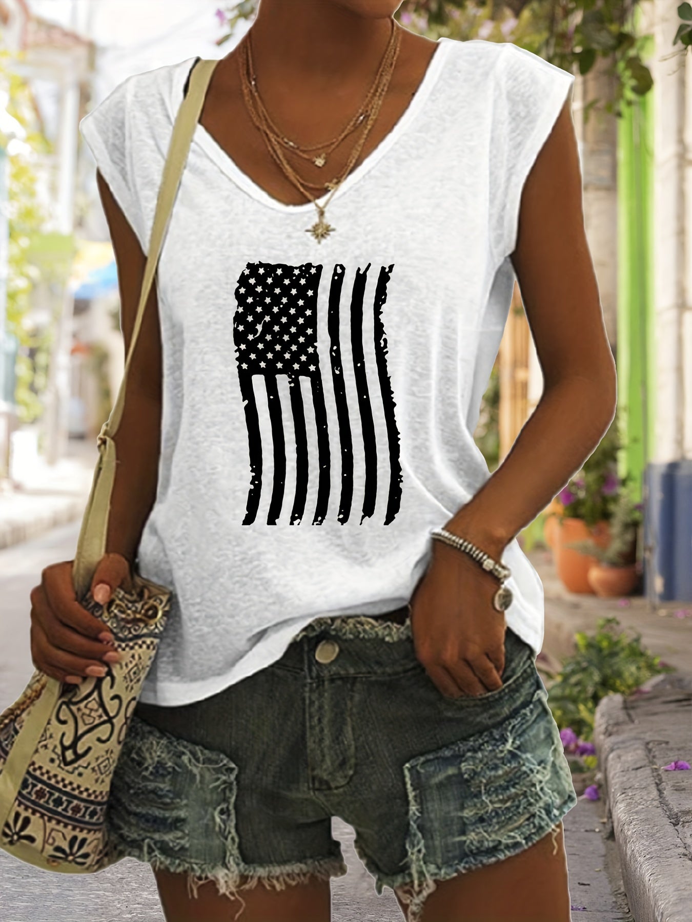 American Flag Print Tank Top V Neck Summer Sleeveless Top