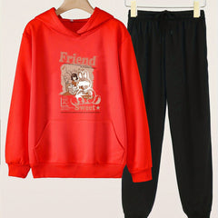 2pcs Bunny & Girl Print Hooded Outfit For Girls