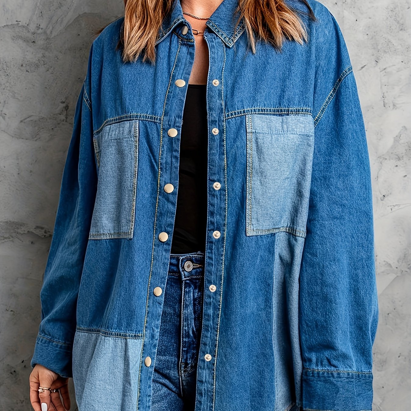  Colorblock Denim Top Women's Long Sleeve Button Up Loose Fit Shirt