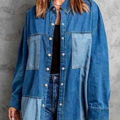 Colorblock Denim Top Women's Long Sleeve Button Up Loose Fit Shirt