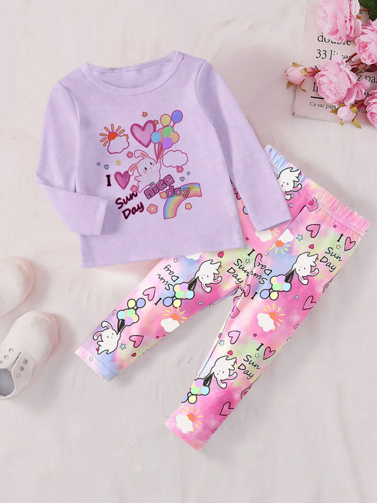 Rabbit Print Long Sleeve Sweatshirt Pants Set for Baby Girls