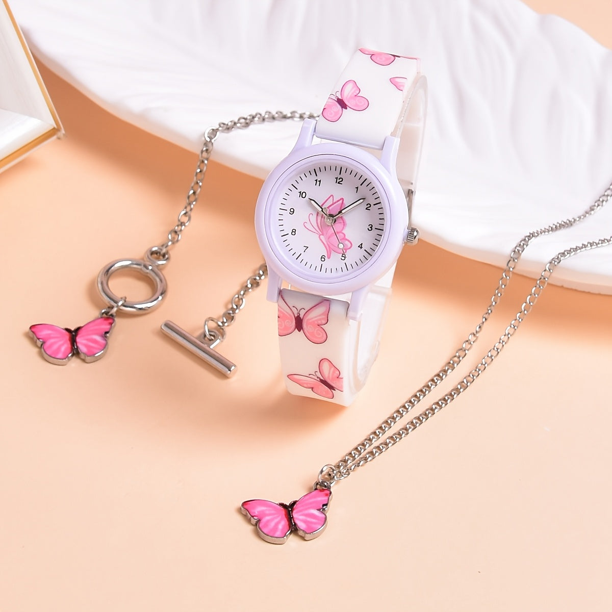 3pcs Butterfly Silicone Watch Strap & Necklace Bracelet Set for Girls