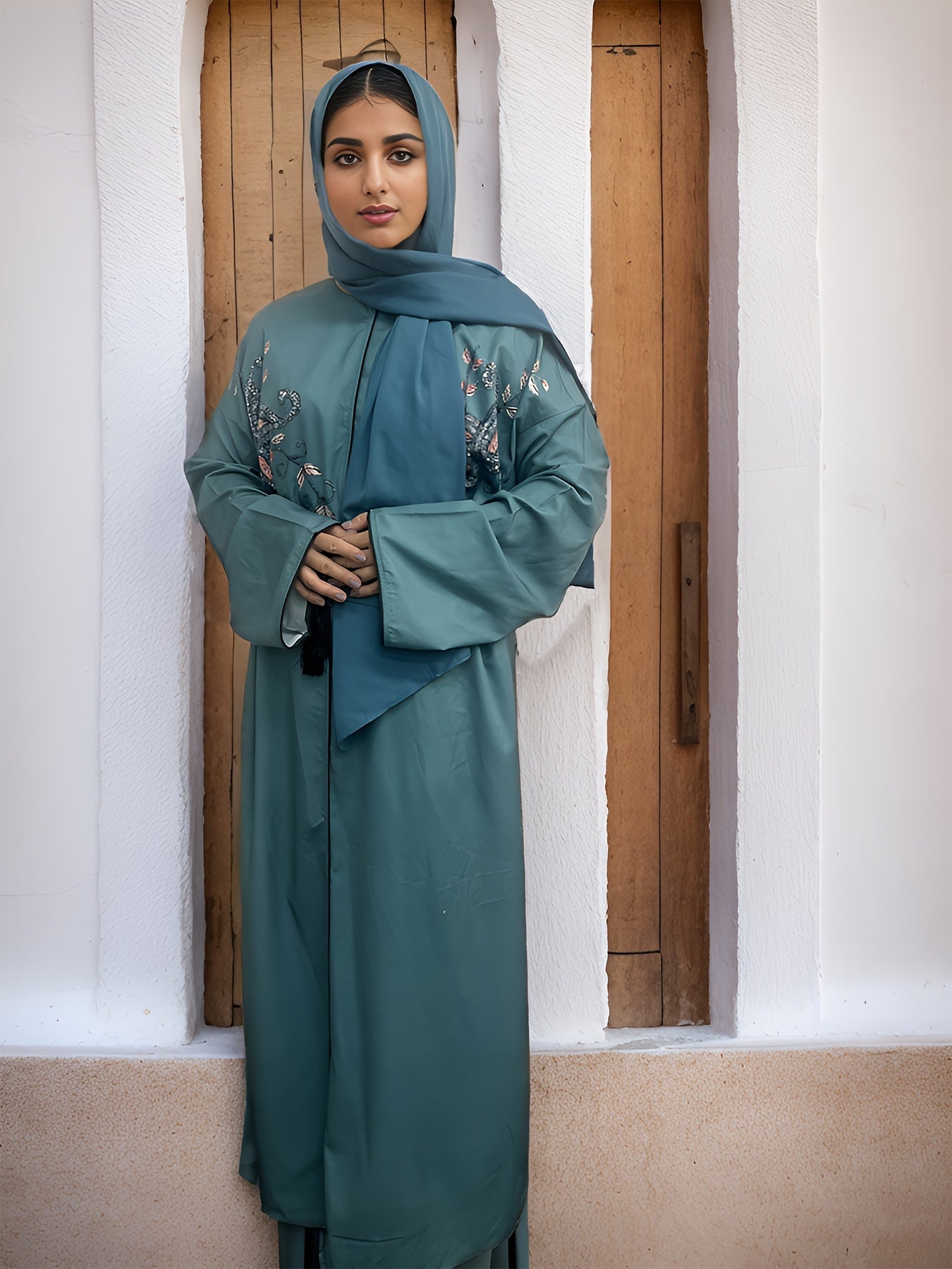 Floral Embroidery Plus Size Casual Jalabiya Dress
