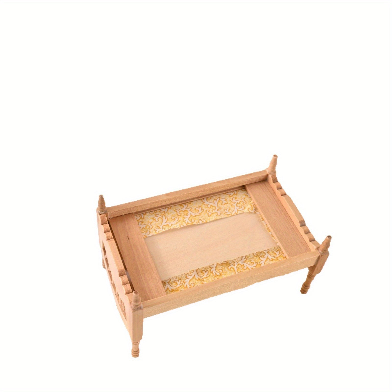 Mini Dollhouse Wooden Bed Vintage Floral Pattern Yellow