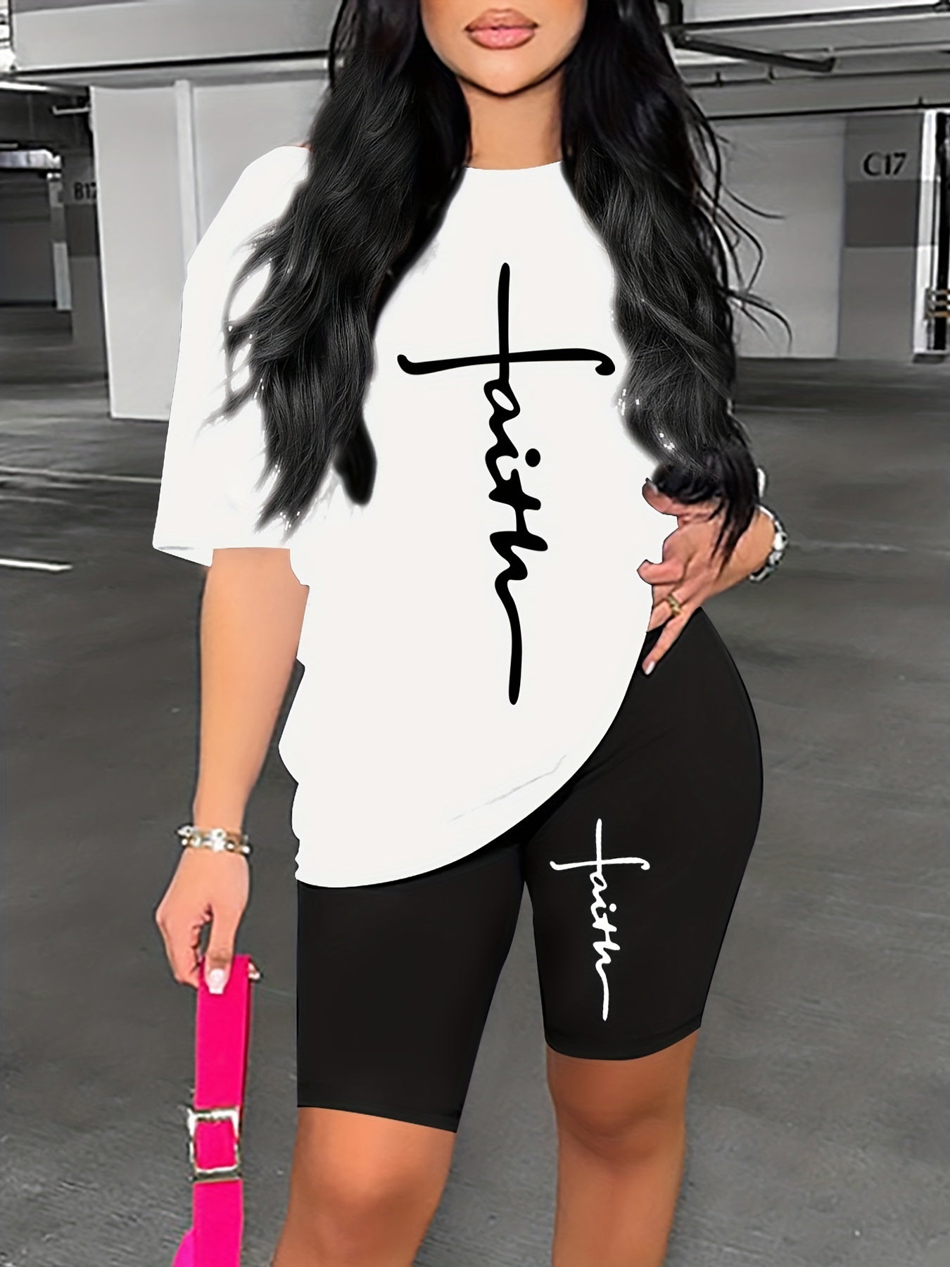 Faith Print Two Piece Set T Shirt & Shorts 2pcs Outfits For Summer Spring