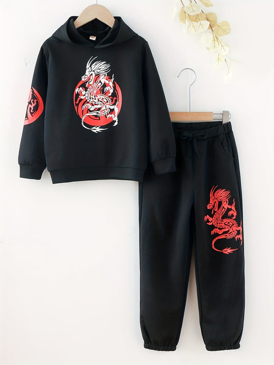 Dragon Print Hoodie & Sweatpants Set for Boys, Spring/Autumn Casual Outfit
