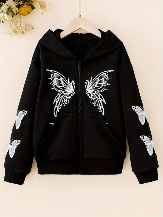 Teen Girl's Butterfly Print Zip Up Hoodie Sweatshirt