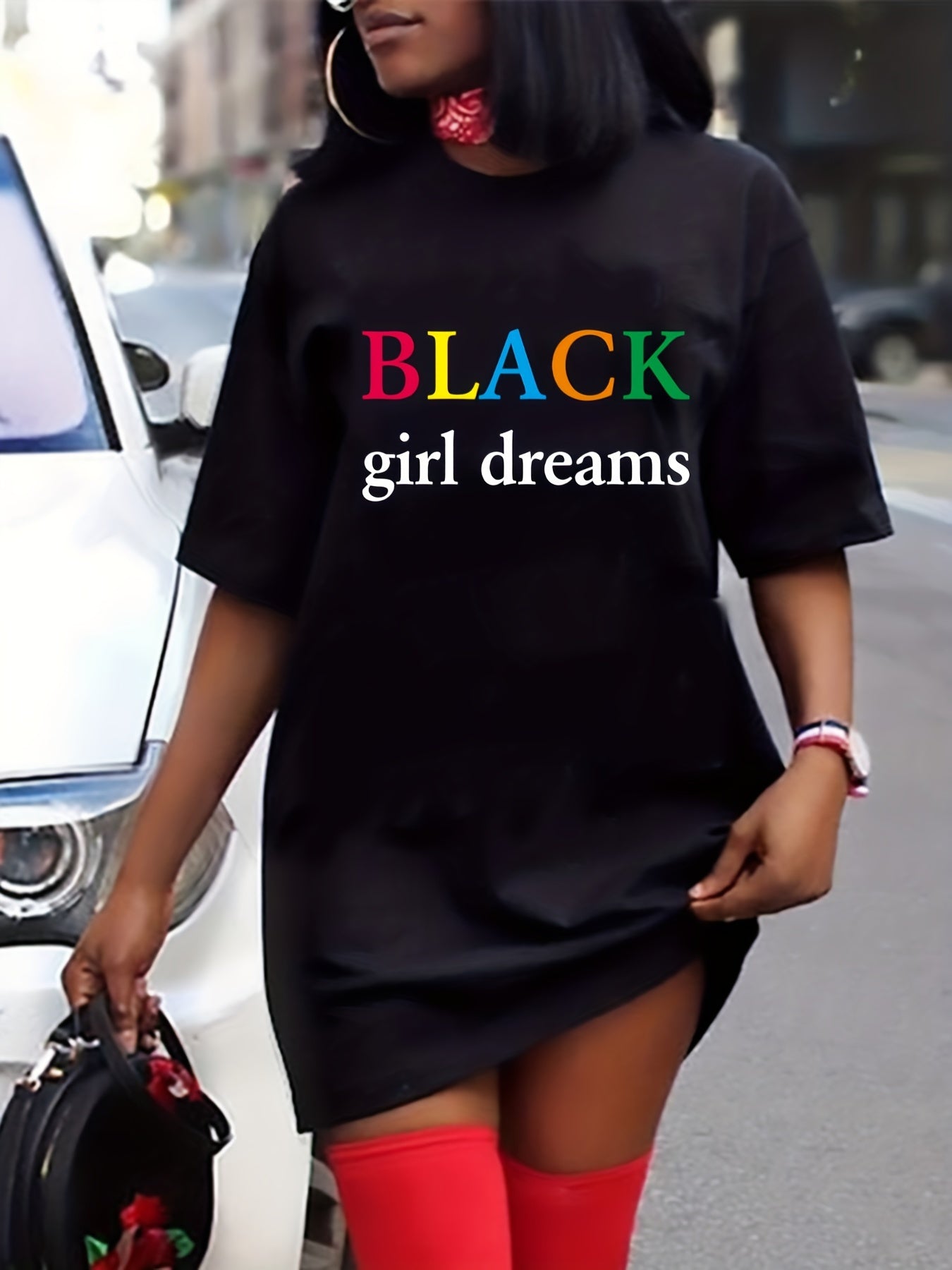  Colorful Letter Print Round Neck Tee Dress