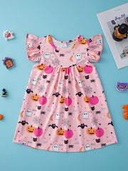 Pumpkin Halloween Dress Flying Sleeve Comfort Fit Girls Vacation Party Casual