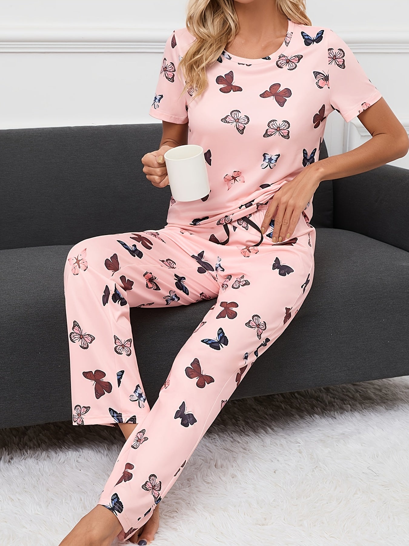 Butterfly Print Pajama Set Short Sleeve Crew Neck Top & Pants Women's Sleepwear