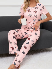 Butterfly Print Pajama Set Short Sleeve Crew Neck Top & Pants Women's Sleepwear