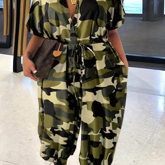  Camo Print Button Up Jumpsuit with Belt