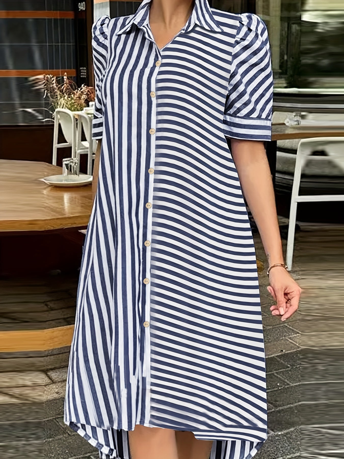 Striped Puff Sleeve Button Up Collar Shirt Dress