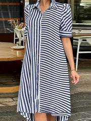 Striped Puff Sleeve Button Up Collar Shirt Dress