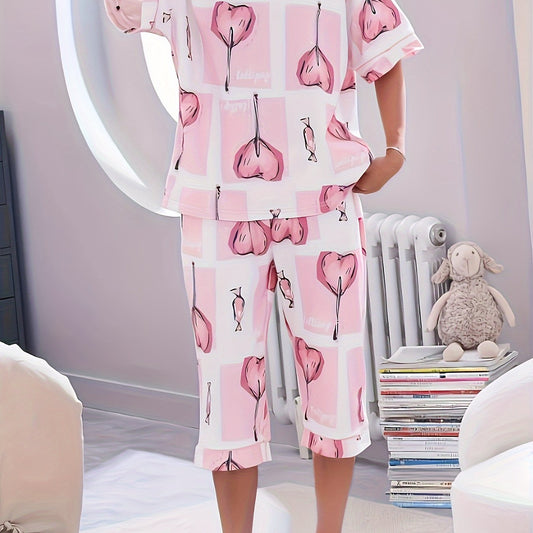 Heart Print Pajamas Set Crew Neck Top & Crop Pants Women's Sleepwear