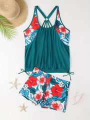 Tropical Print Tankini Set Round Neck High Stretch Boxer Short Bottom Swimsuit