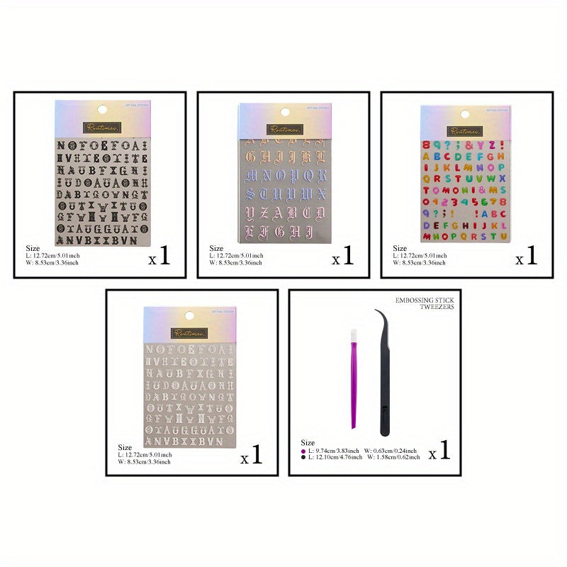4pcs 5D Embossed English Letter Nail Art Stickers Self Adhesive Nail Decals F
