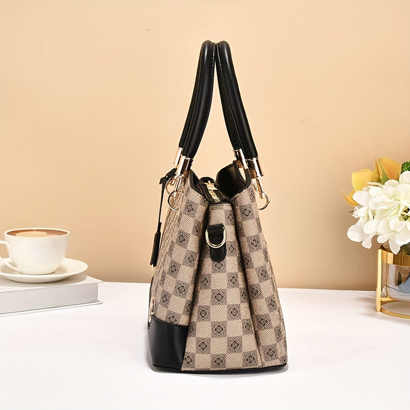 Geometric Plaid Faux Leather Top Handle Bag for Women