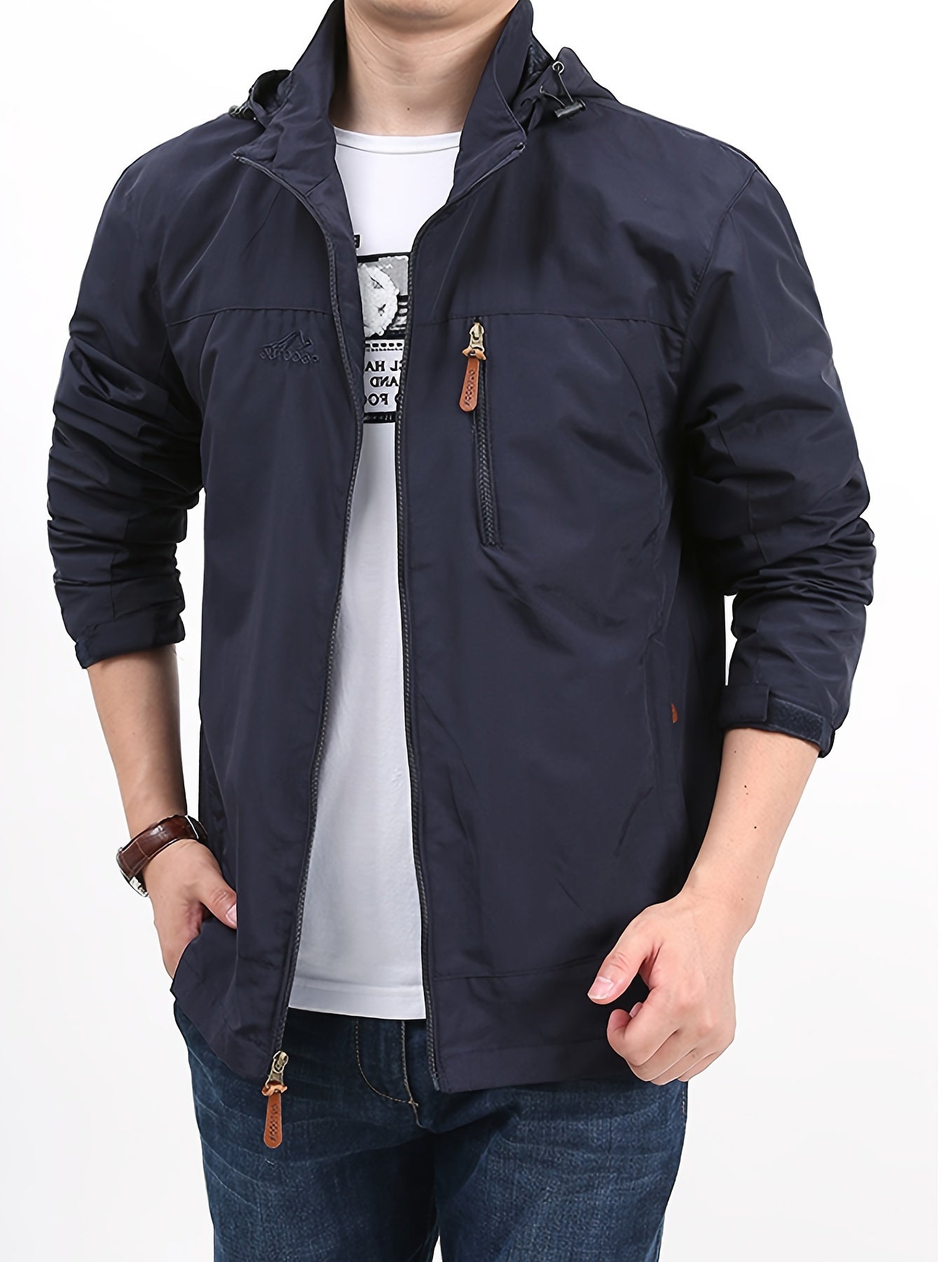 Men's Waterproof & Windproof Hooded Jacket Zipper Front