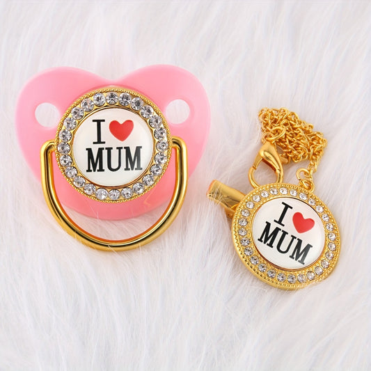 Artificial Diamond I Love Mom Pacifier Chain Clip