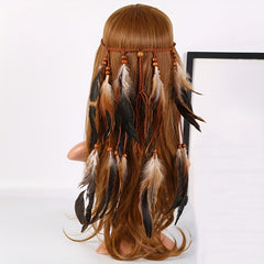 Boho Feather Hair Tie Rope Headband with Beads Tassel