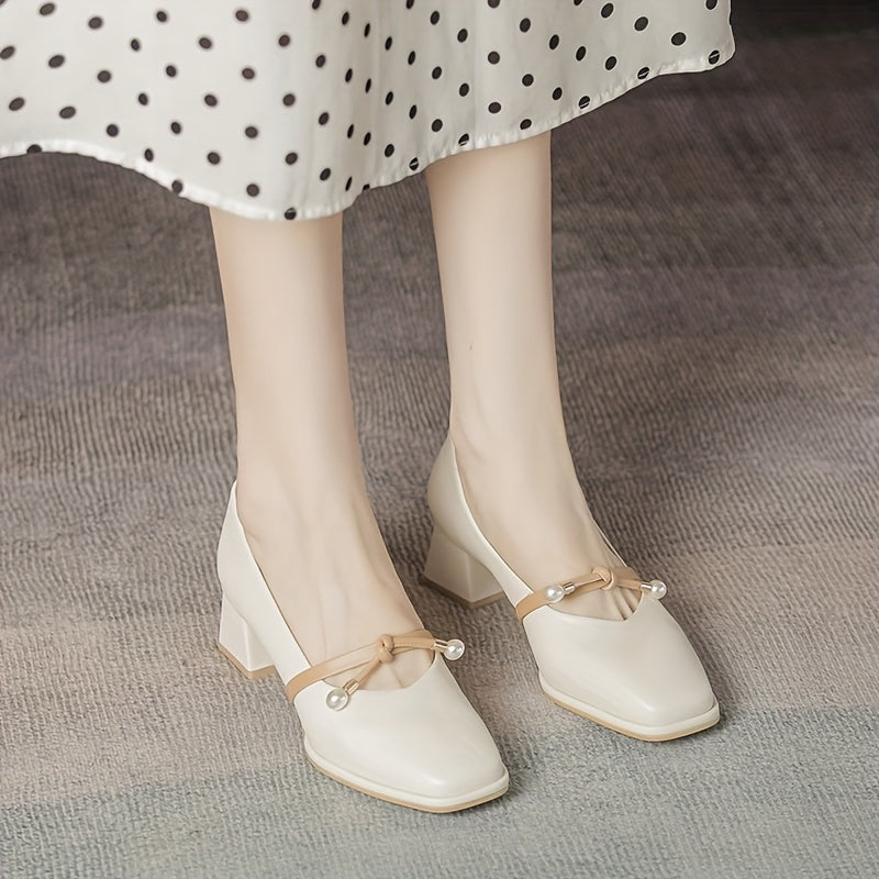 Retro Pearl Decor Square Toe Pumps Chunky Heel Dress Shoes