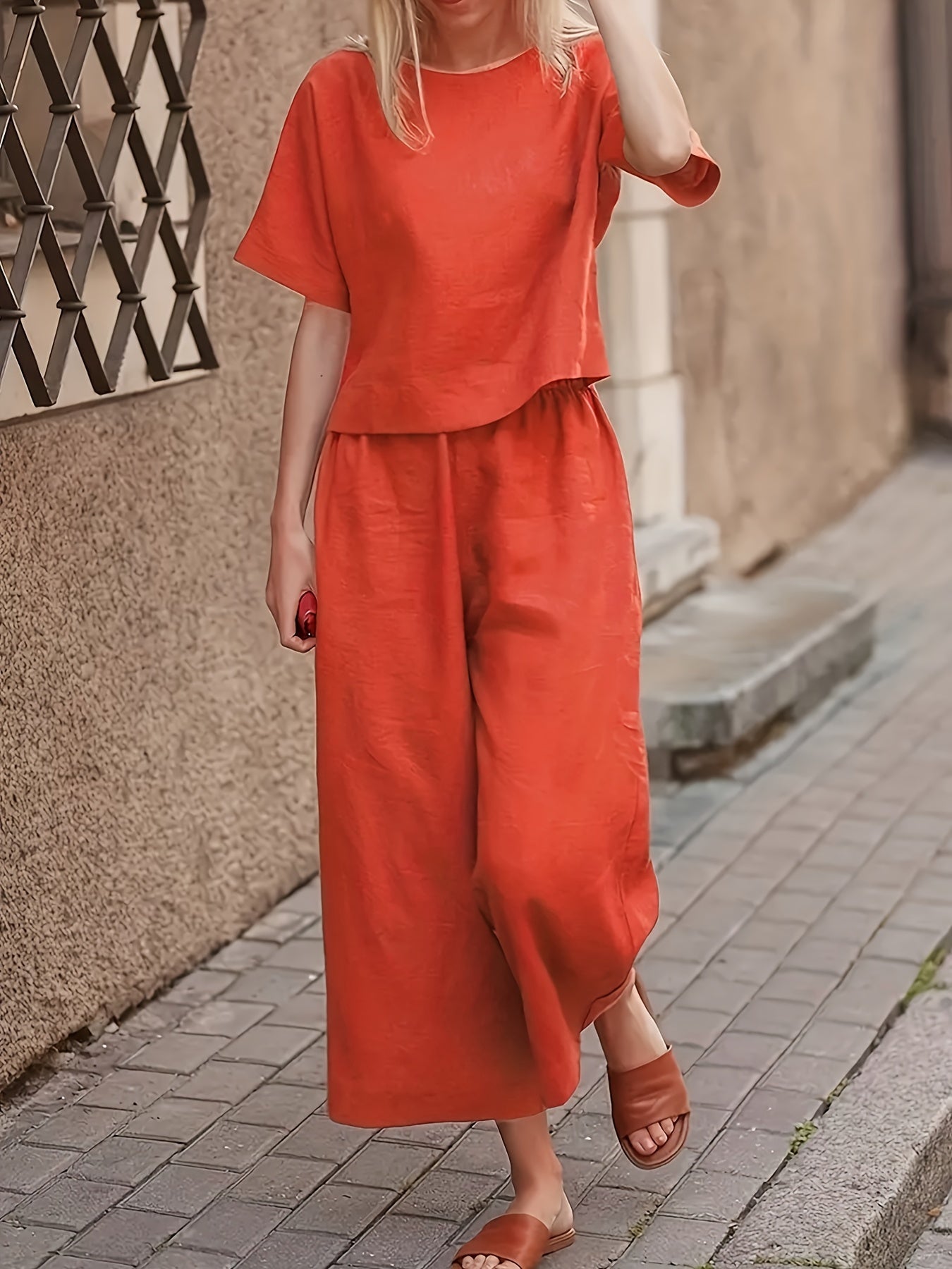 Two Piece Set Crew Neck T Shirt & Wide Leg Pants