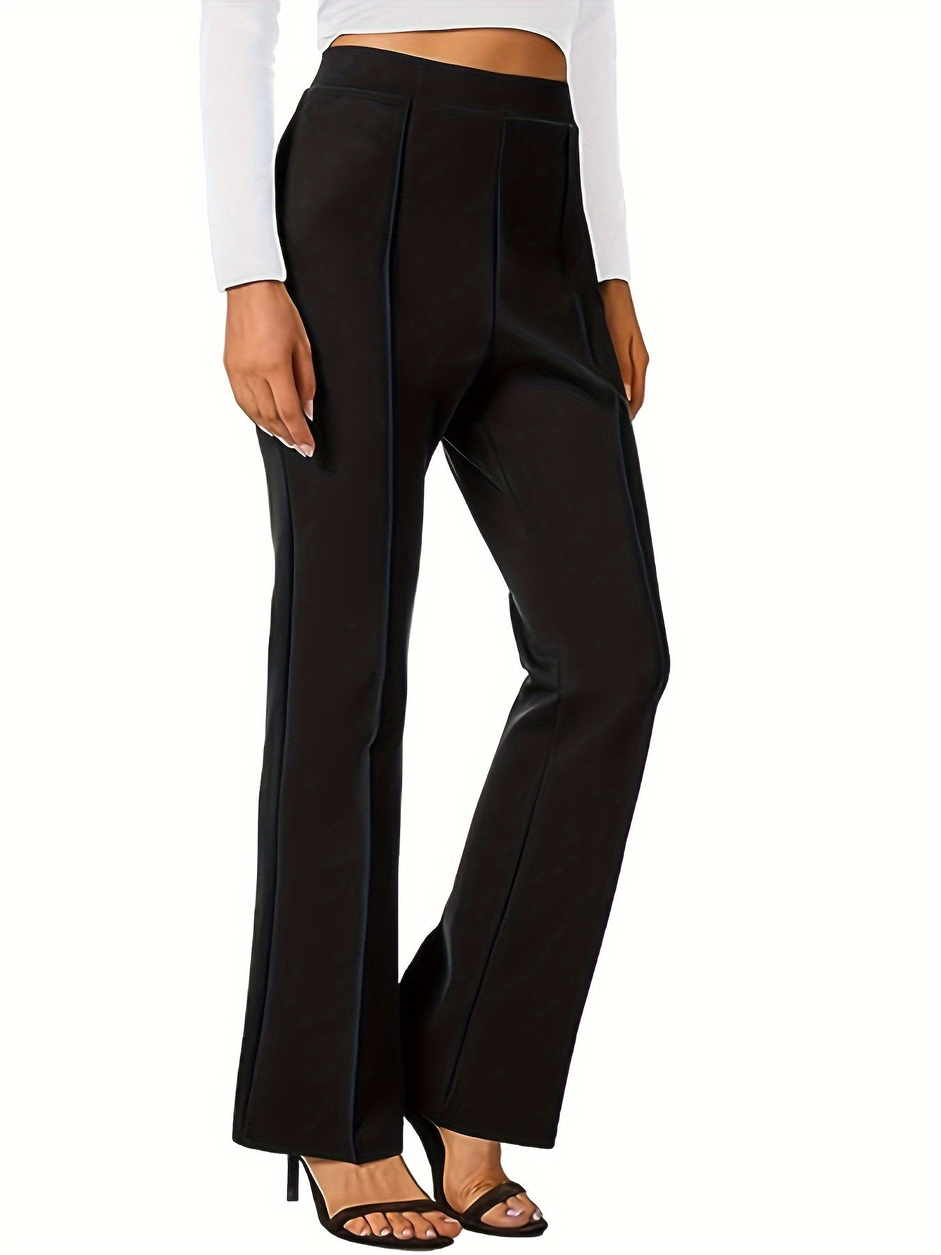  Pants Women's Plus Solid Elastic High Rise Straight Leg Trousers