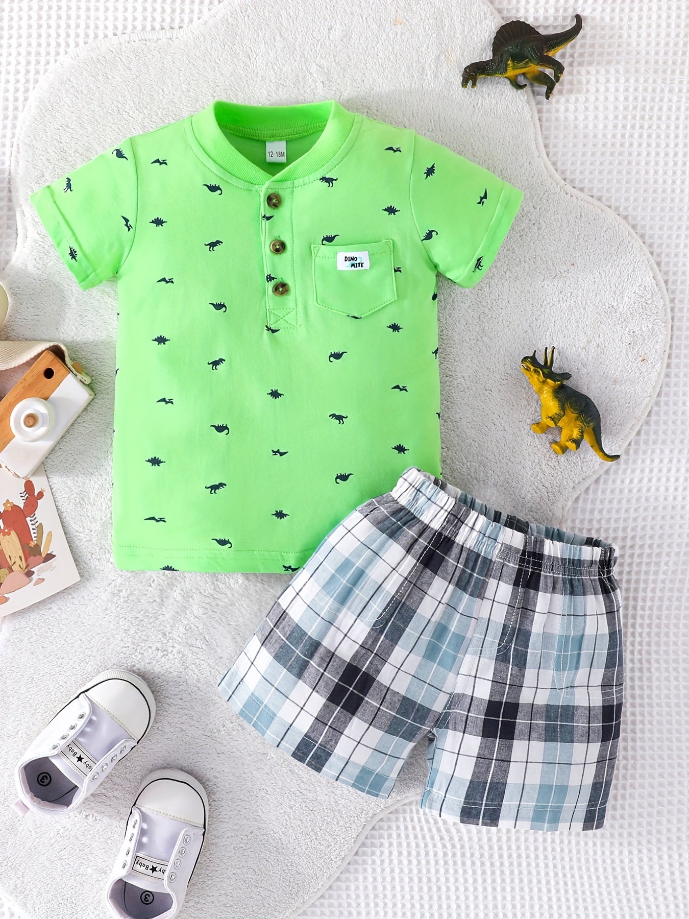 Boys Dino Print T Shirt & Plaid Shorts Set for Summer