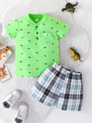 Boys Dino Print T Shirt & Plaid Shorts Set for Summer