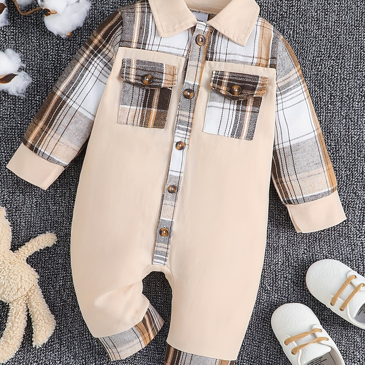 Baby Boys Long Sleeve Plaid Romper Cotton Jumpsuit Fall Winter