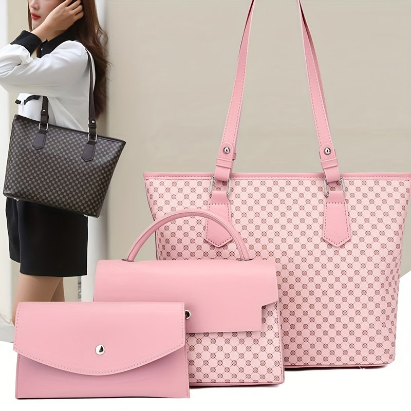 3Pcs Geometric Pattern PU Leather Tote Bag Set with Flap Handbag & Clutch