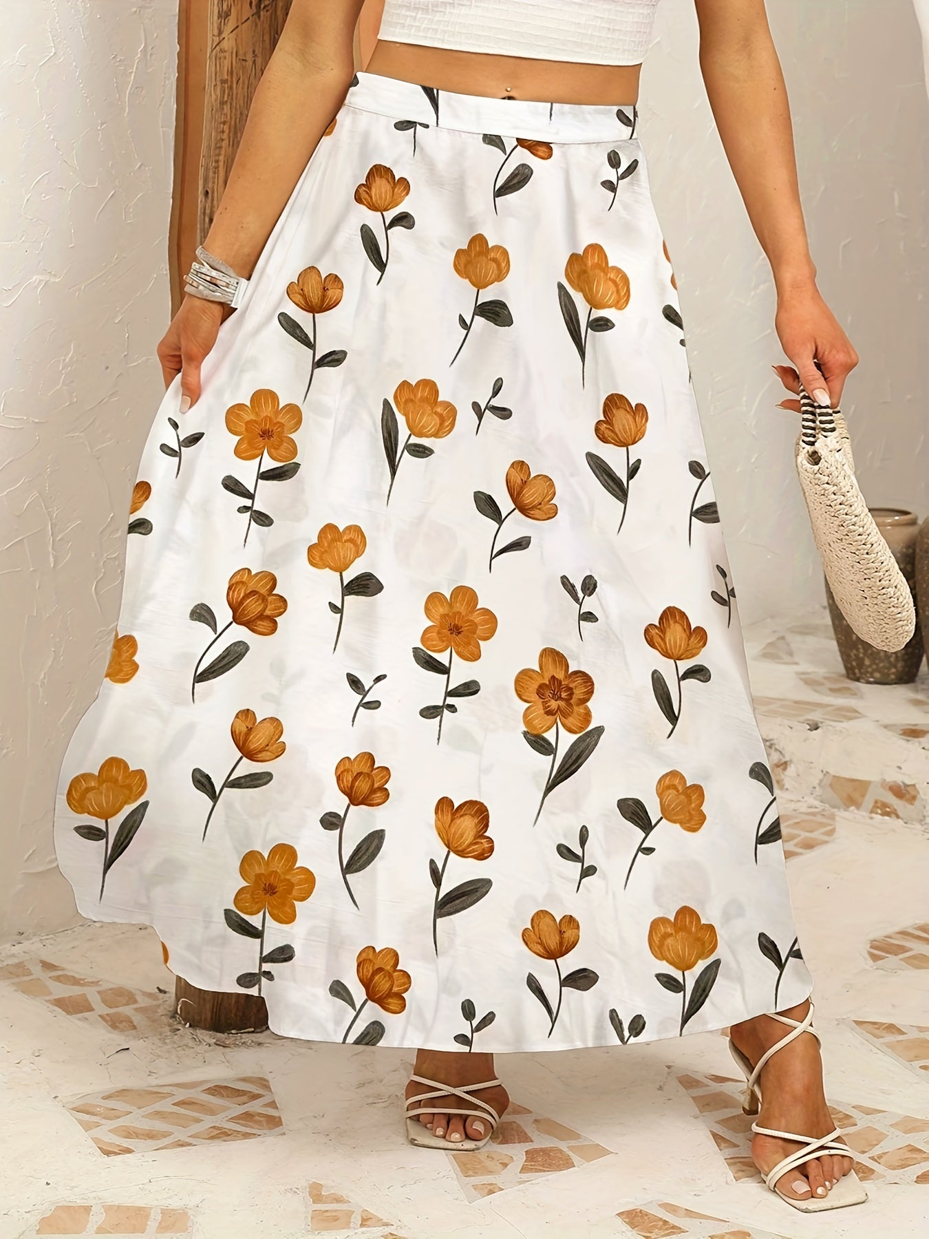  Floral Print Elastic Waist A-line Maxi Skirt