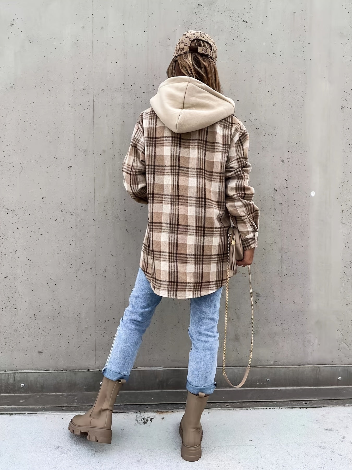 Preppy Button Plaid Drop Shoulder Jacket