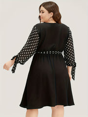 Plus Size Colorblock Dot Print Knot Sleeve Dress With Belt