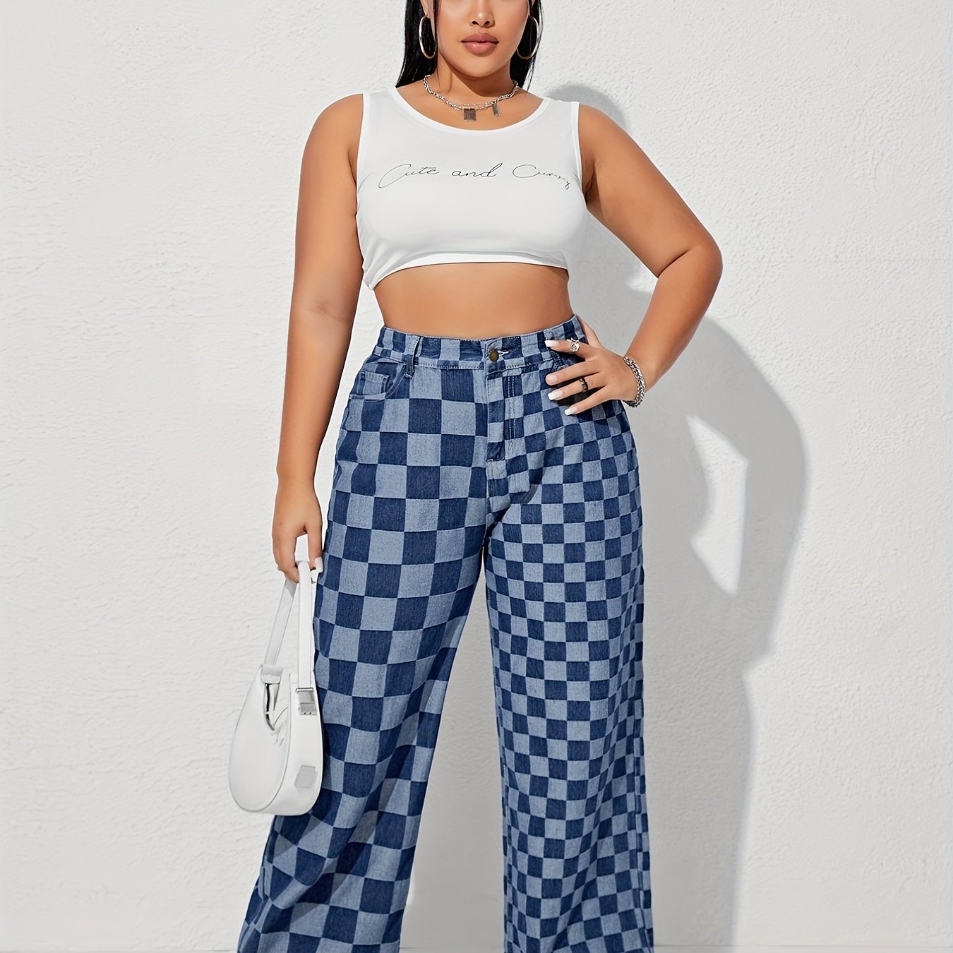  Checkboard Print High Waist Wide Leg Jeans