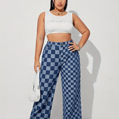  Checkboard Print High Waist Wide Leg Jeans