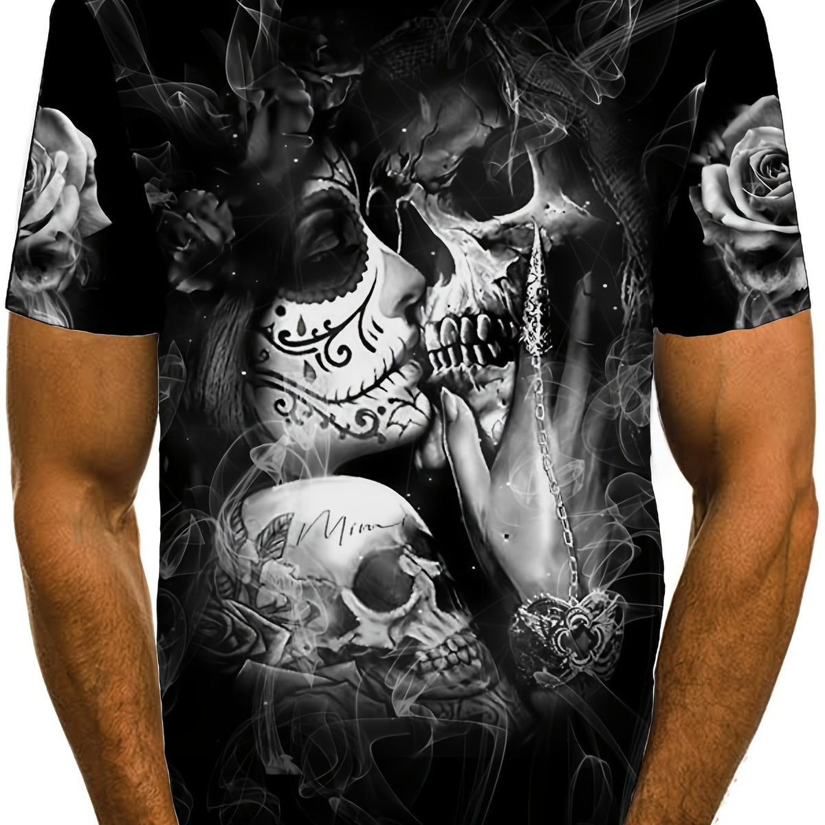 Men's Skull Kissing Print T-shirt Casual Comfy 3D Print Tee