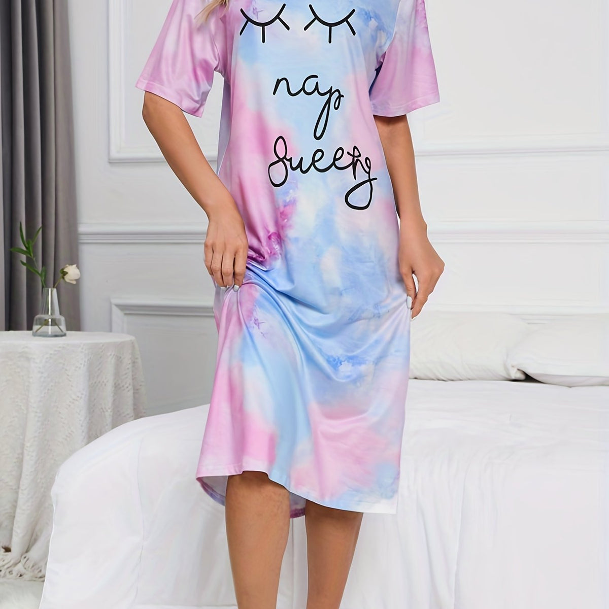 Tie Dye Letter Print Lounge Dress Short Sleeve Long Dress Women's Loungewear