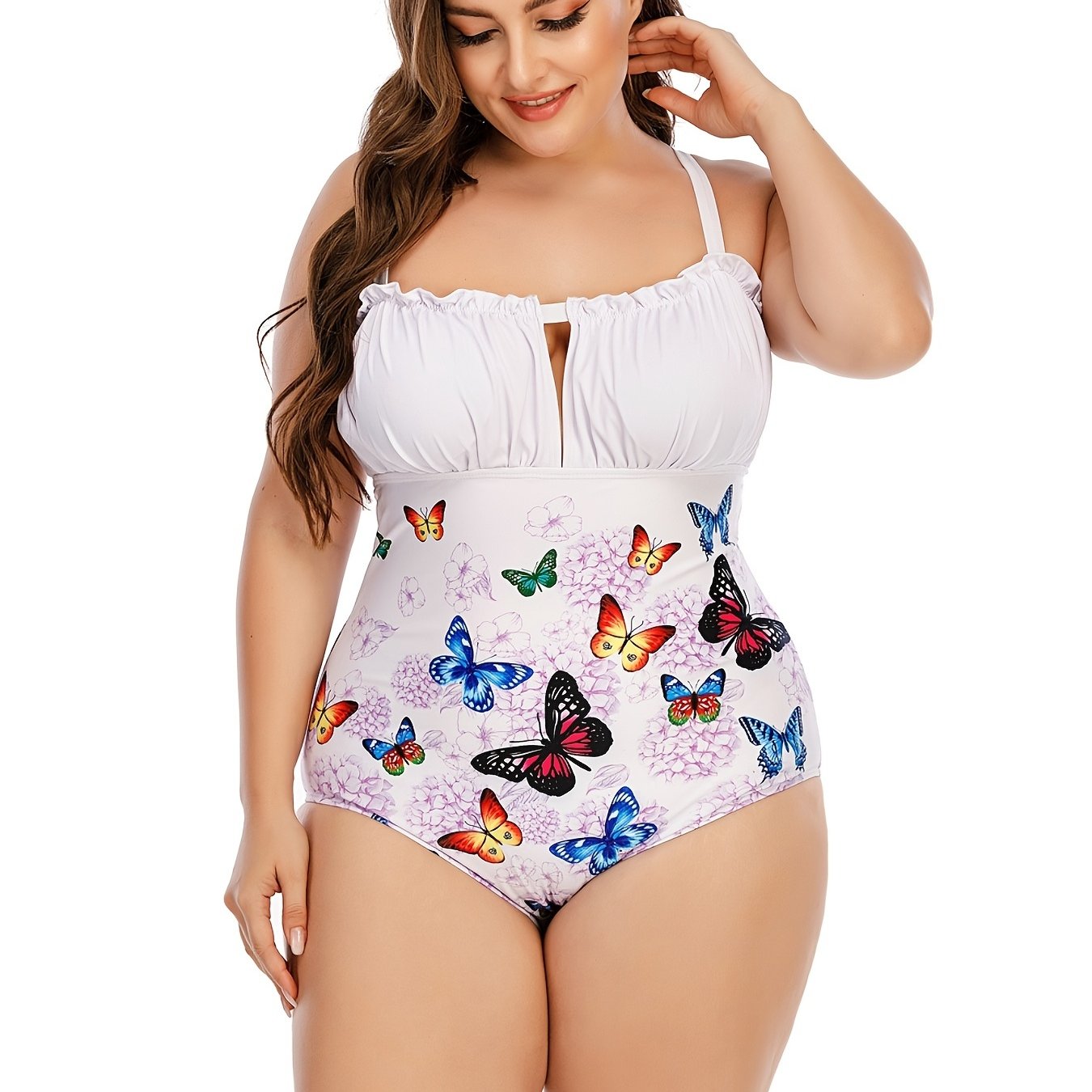  Ruffle Trim Cut Out One Piece Swimsuit