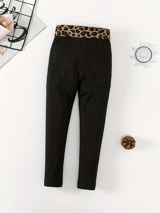 Girl's High Waist Leggings with Leopard Waistband